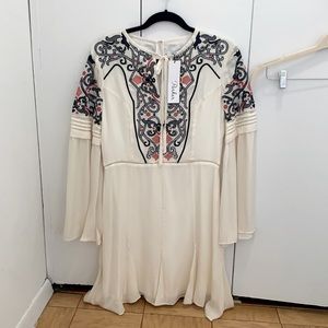 NWT Parker Milly Embroidered Long-Sleeve Ivory Mini Dress Off White Boho Small